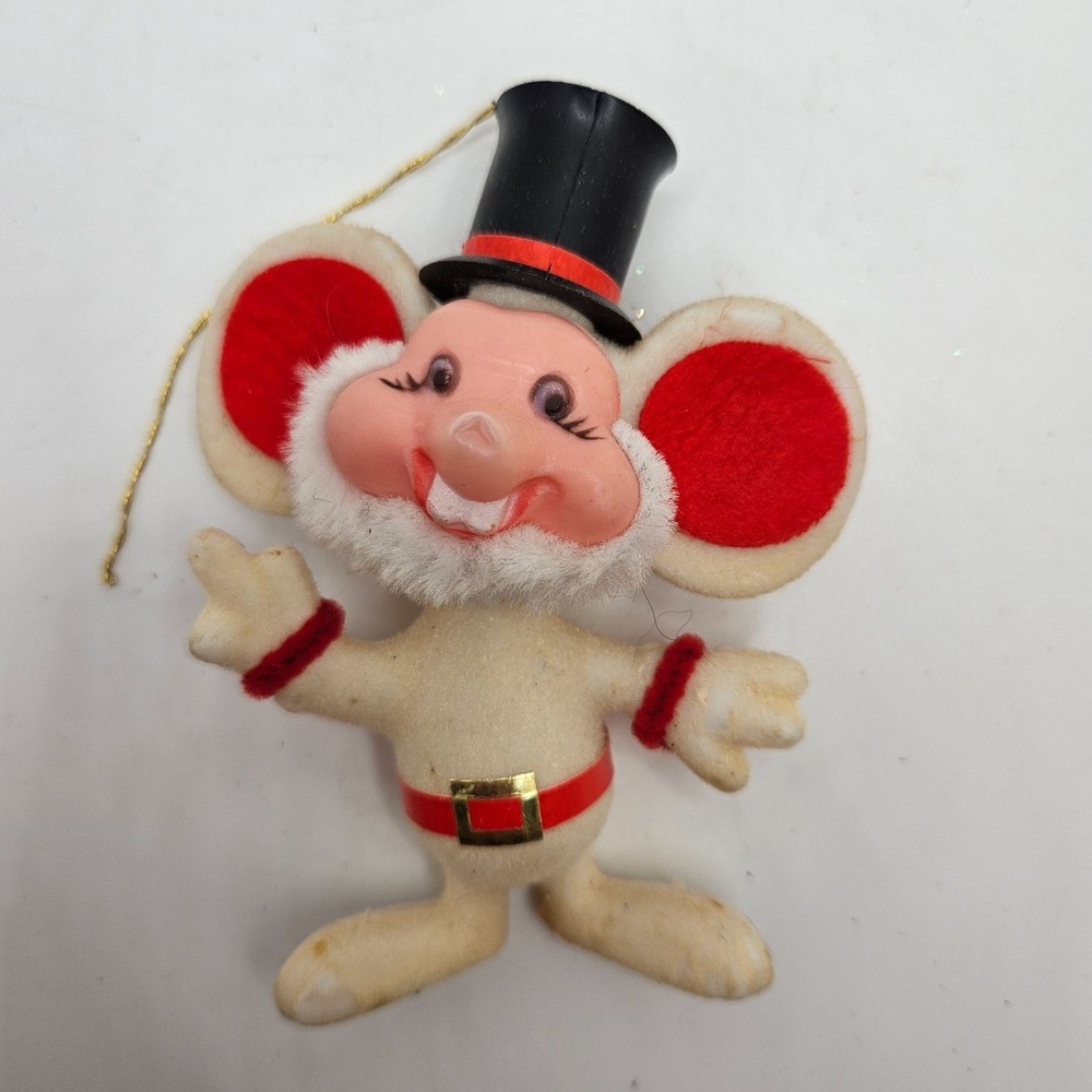 Vintage Flocked Mouse Christmas Ornament Top Hat Santa Style Red Ears Felt
